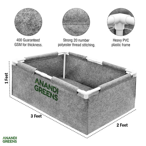 Geo-Fabric-Rectangular-Grow-Bag-3x2x1ft-(400 GSM)-with-PVC-pipe-Support-Grey-Color