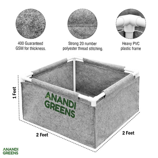 Geo-Fabric-Rectangular-Grow -Bag-2x2x1ft-(400 GSM)-with-PVC-pipe-Support-Grey-Color