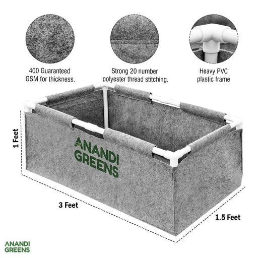 Geo-Fabri-Rectangular-Grow-Bag-3x1.5x1ft-(400 GSM)-with-PVC-pipe-Support-Grey-Color