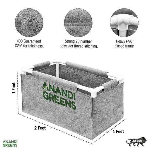 Geo-Fabric-Rectangular-Grow-Bag-2x1x1ft-(400 GSM)-with-PVC-pipe-Support-Grey-Color