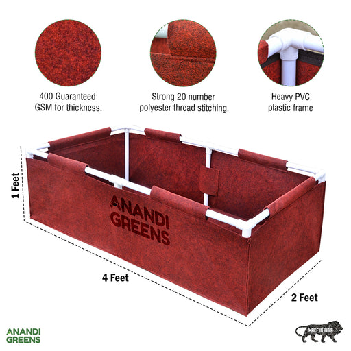 Geo-Fabric-Rectangular-Grow-Bag-4x2x1ft-(400 GSM)-with-PVC-pipe-Support