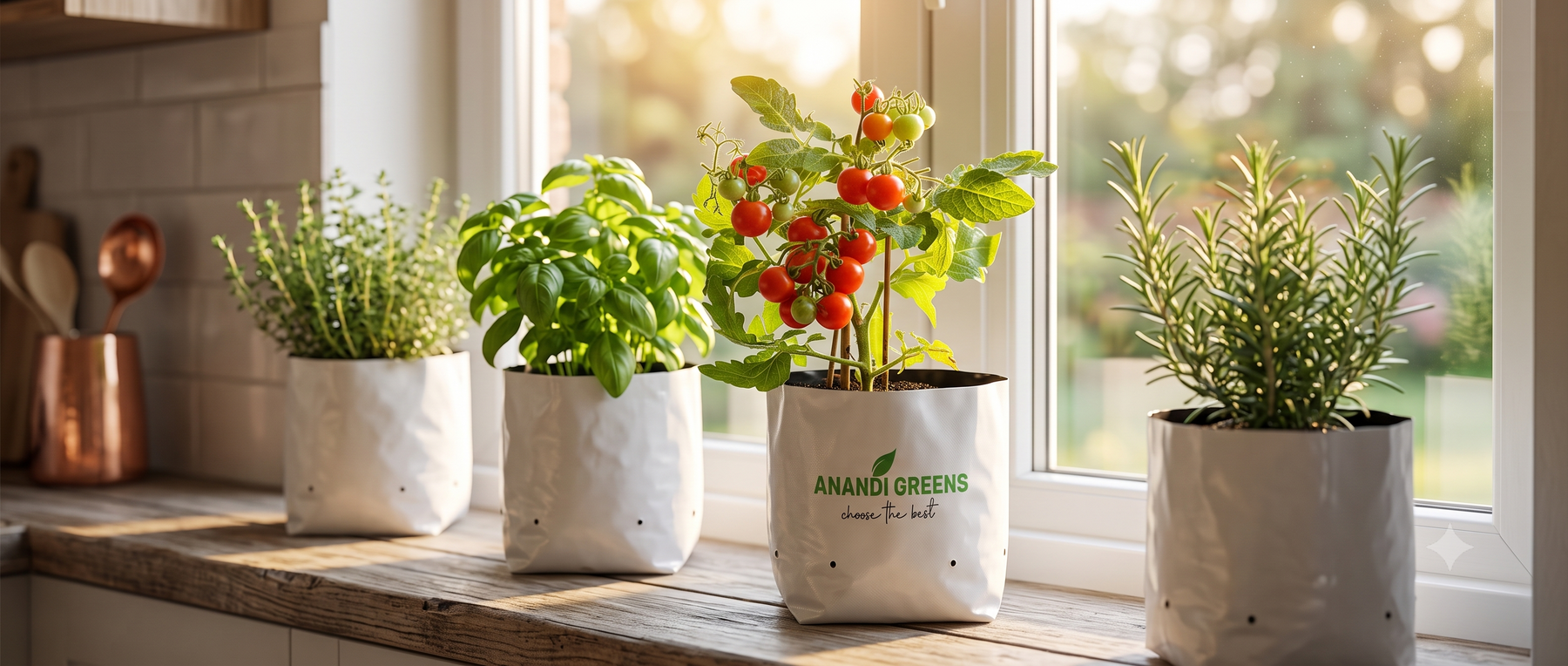 Fresh basil, thyme and rosemary growing in small grow bags on a sunny kitchen windowsill