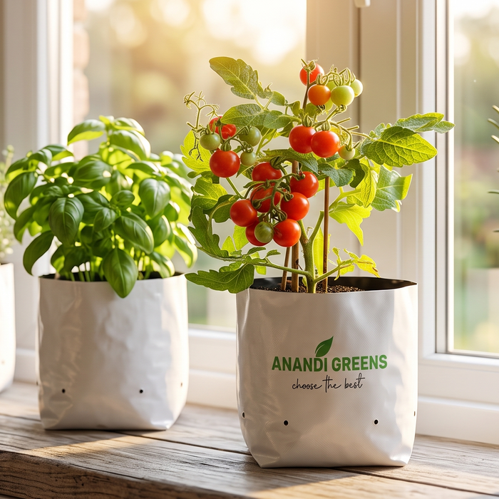 Fresh basil, thyme and rosemary growing in small grow bags on a sunny kitchen windowsill