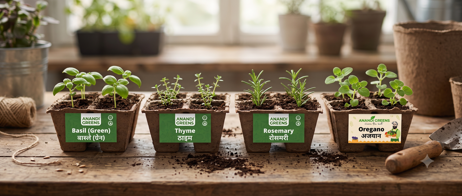 Seed trays labeled basil, thyme, rosemary and oregano with young herb seedlings sprouting