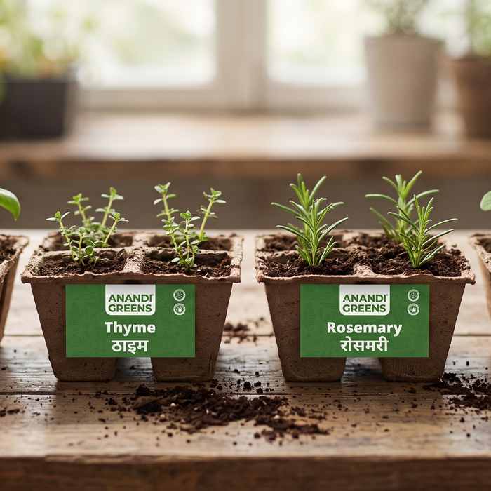Seed trays labeled basil, thyme, rosemary and oregano with young herb seedlings sprouting