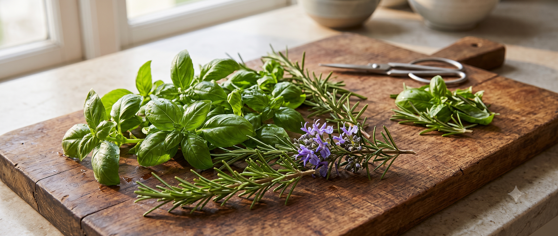 Freshly harvested basil and rosemary sprigs on a wooden chopping board next to kitchen scissors