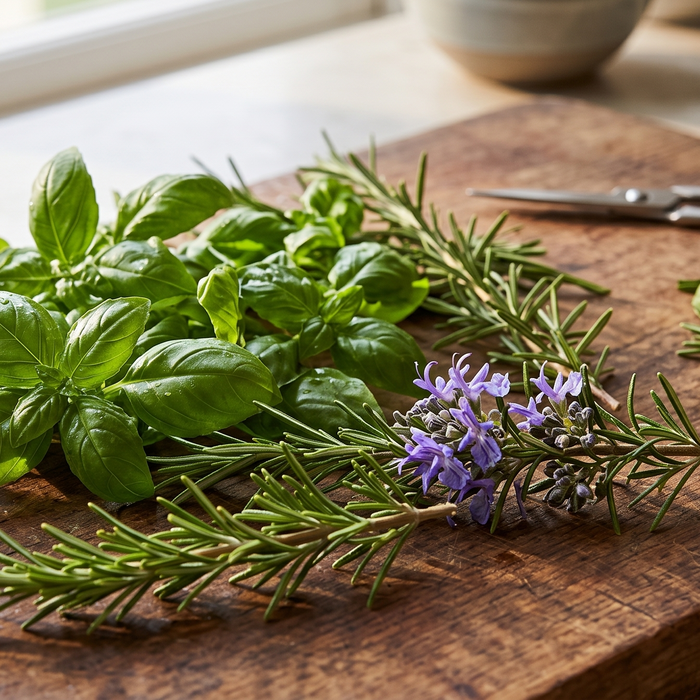 Freshly harvested basil and rosemary sprigs on a wooden chopping board next to kitchen scissors