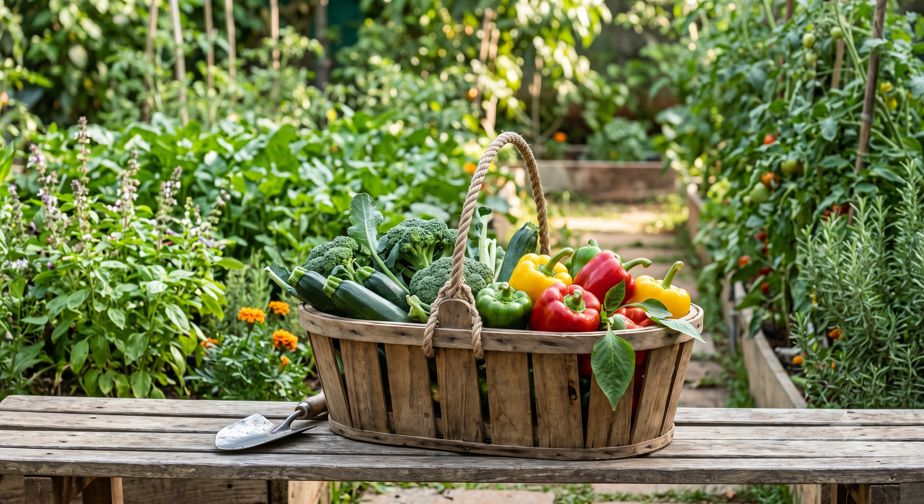 Fresh broccoli, zucchini and bell peppers grown at home displayed in a wooden harvest basket