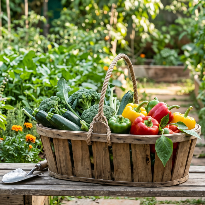 Fresh broccoli, zucchini and bell peppers grown at home displayed in a wooden harvest basket