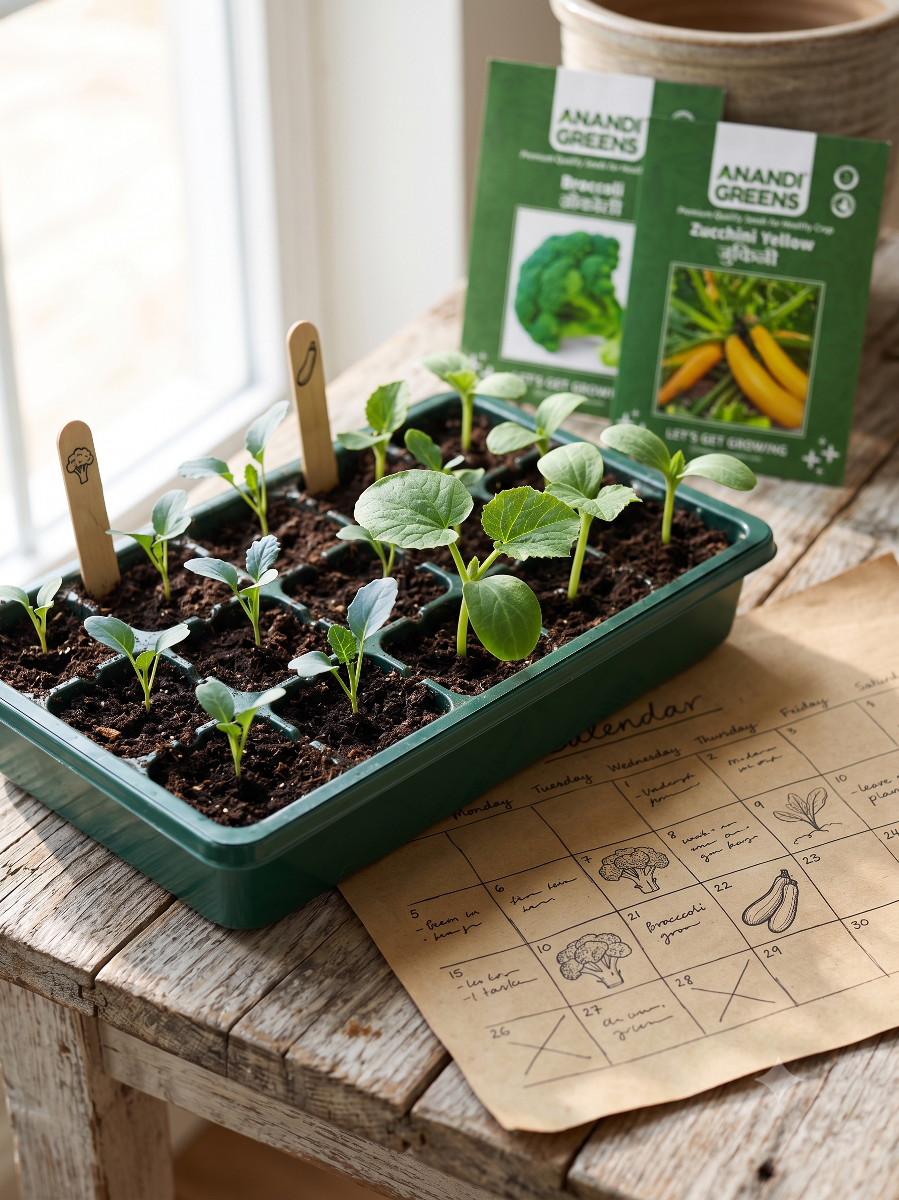 A garden calendar illustration beside young broccoli and zucchini seedlings representing seasonal vegetable planting