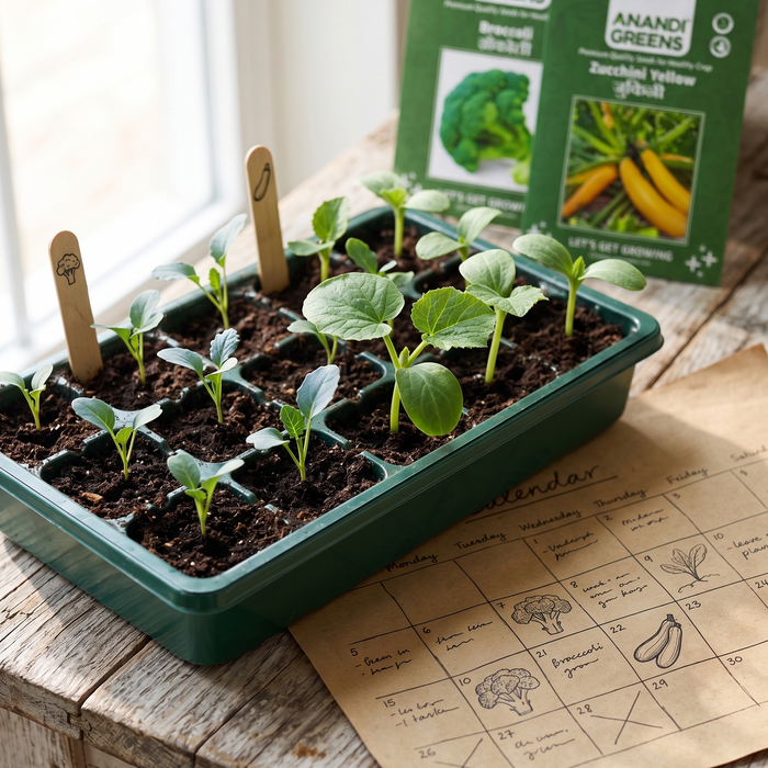 A garden calendar illustration beside young broccoli and zucchini seedlings representing seasonal vegetable planting