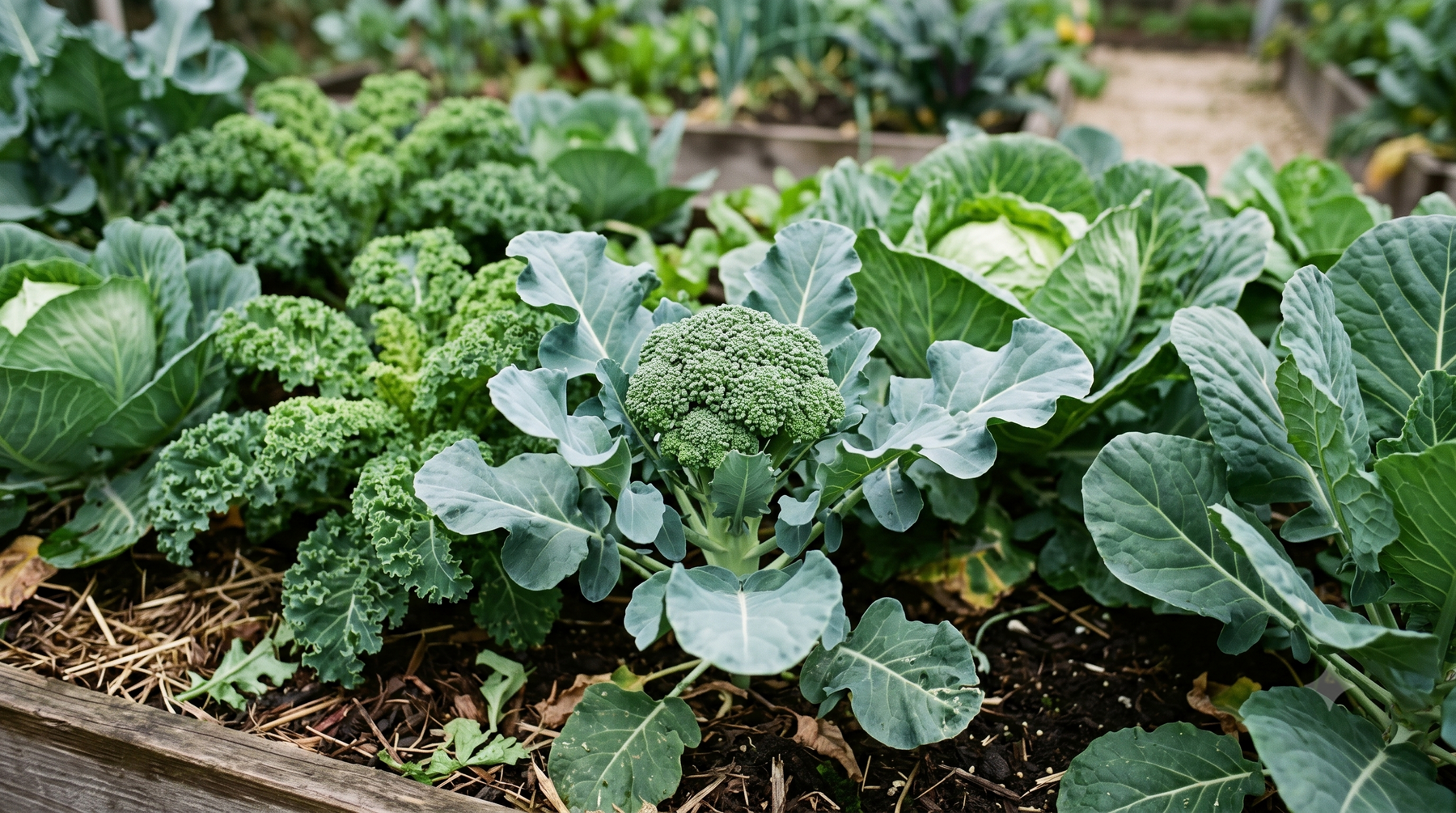 A healthy broccoli head forming on a plant surrounded by cool-season cabbage-family vegetables in a home garden