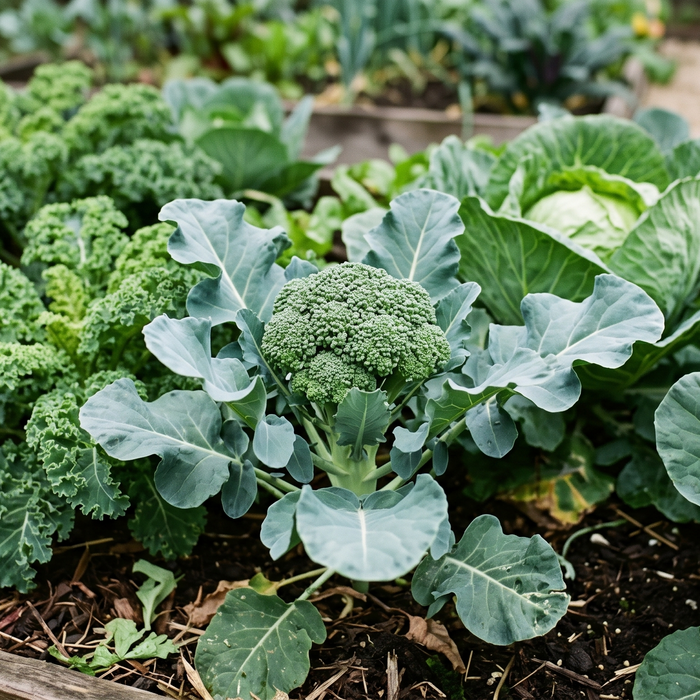 A healthy broccoli head forming on a plant surrounded by cool-season cabbage-family vegetables in a home garden