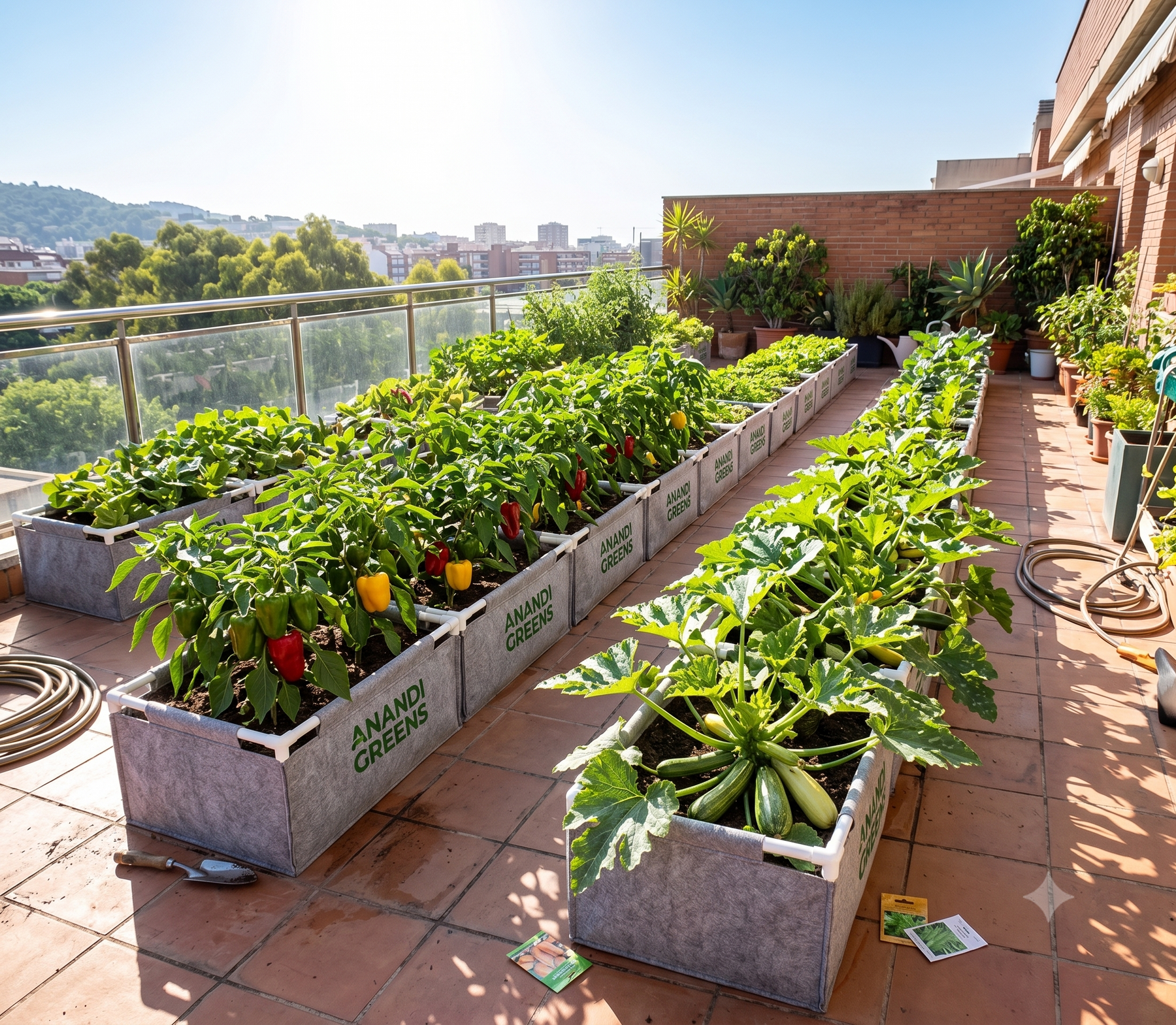 Rows of fabric grow bags growing zucchini and bell pepper plants on a sunny terrace