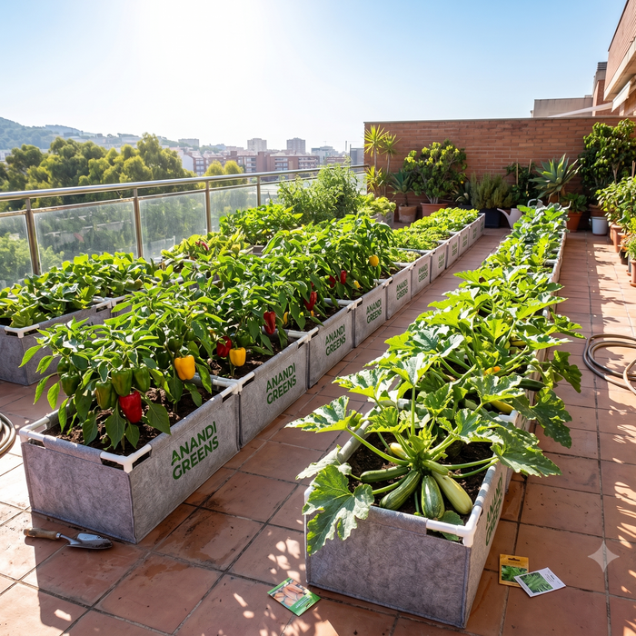 Rows of fabric grow bags growing zucchini and bell pepper plants on a sunny terrace