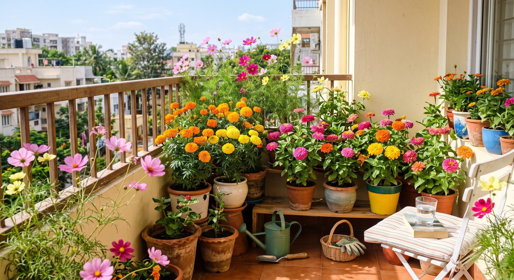 Colourful marigold, zinnia and cosmos flowers blooming in pots on a sunny balcony garden