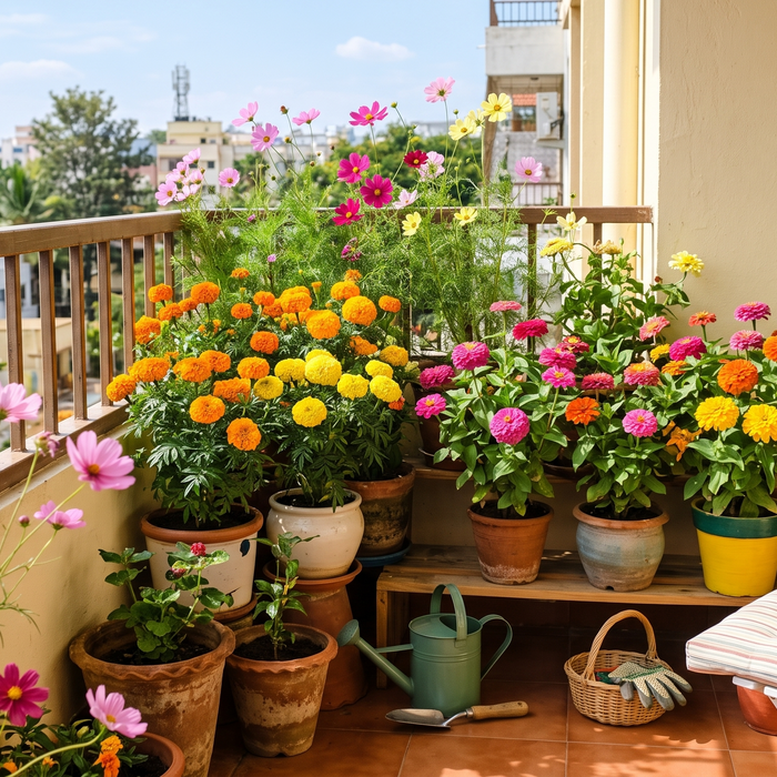 Colourful marigold, zinnia and cosmos flowers blooming in pots on a sunny balcony garden