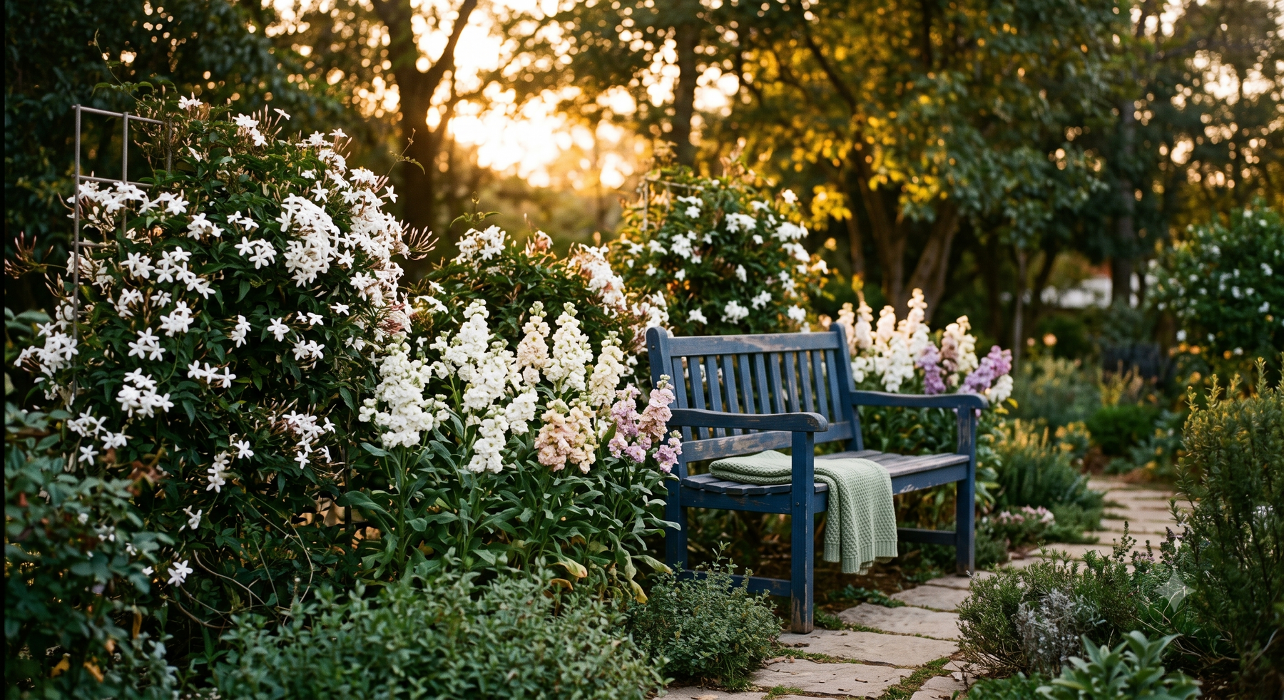 Fragrant white jasmine and stock flowers blooming near a garden seating area in the evening