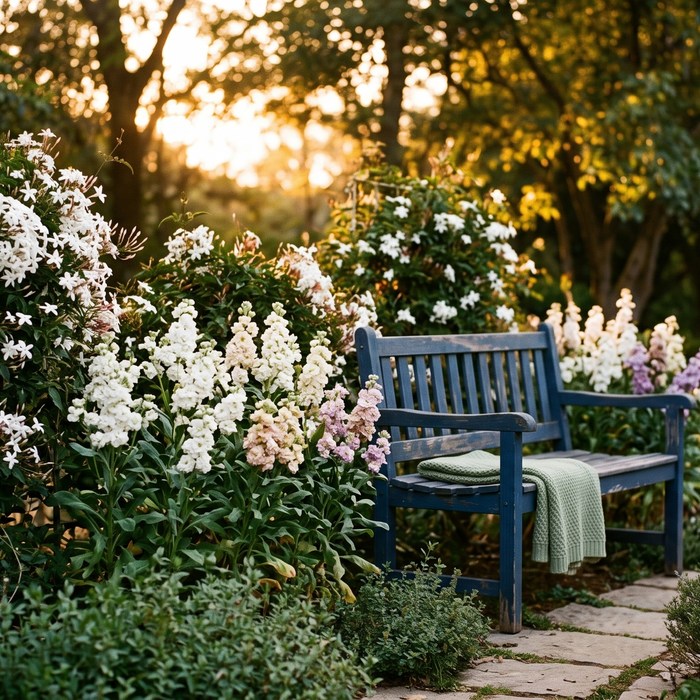 Fragrant white jasmine and stock flowers blooming near a garden seating area in the evening