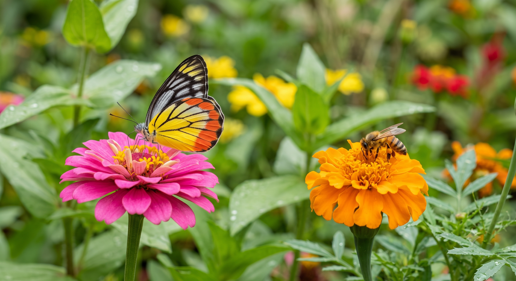 A butterfly resting on a bright zinnia flower in a home garden with bees visible nearby