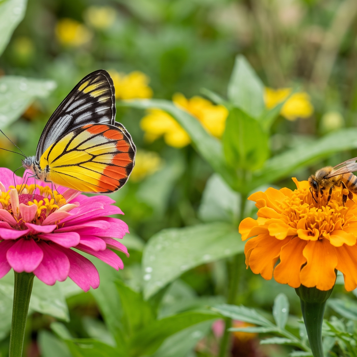 A butterfly resting on a bright zinnia flower in a home garden with bees visible nearby