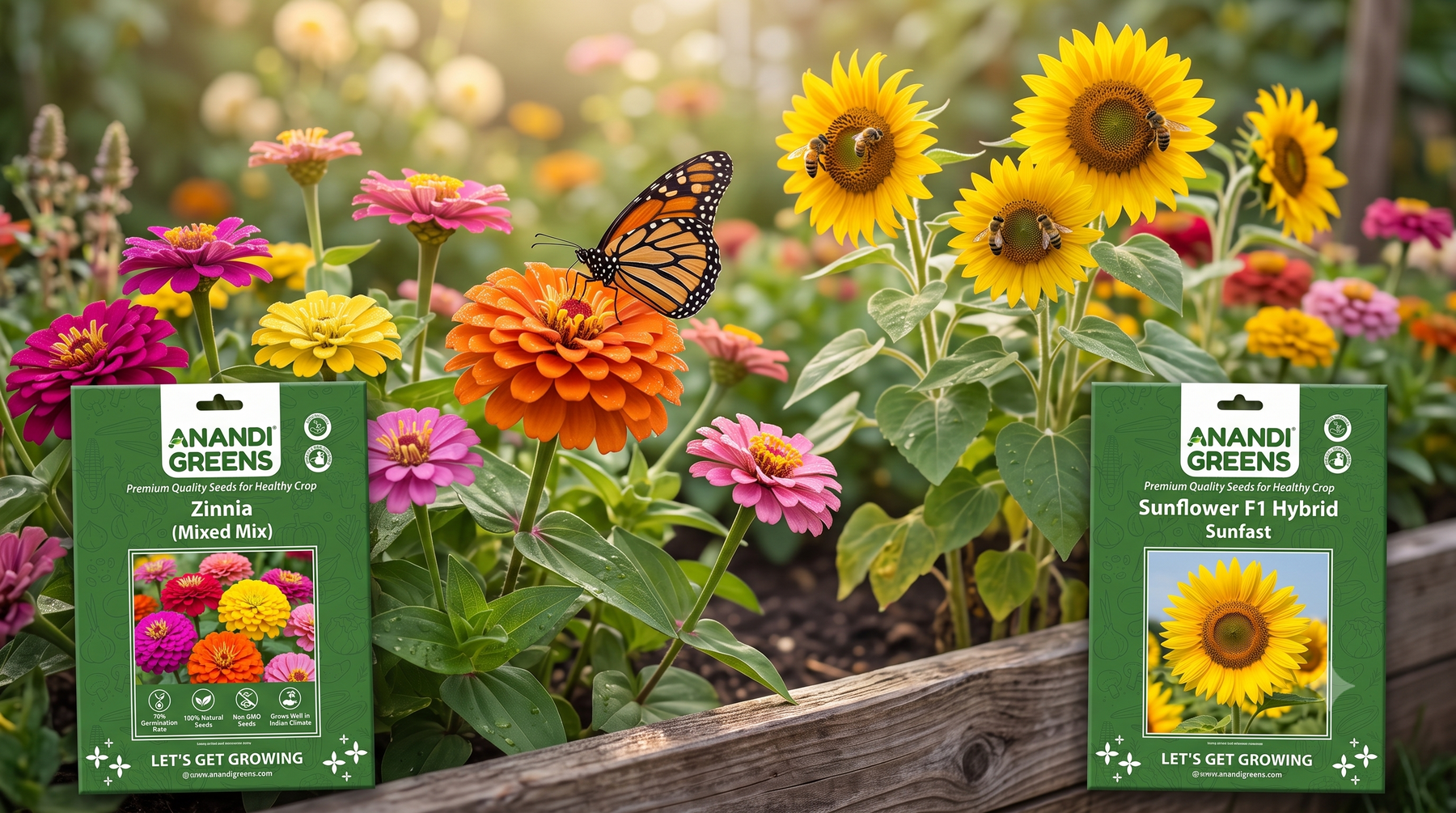 A butterfly resting on a bright orange zinnia flower in a home garden full of pollinator-friendly blooms