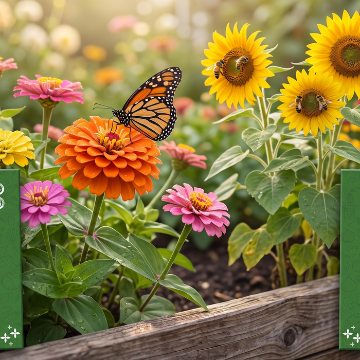 A butterfly resting on a bright orange zinnia flower in a home garden full of pollinator-friendly blooms