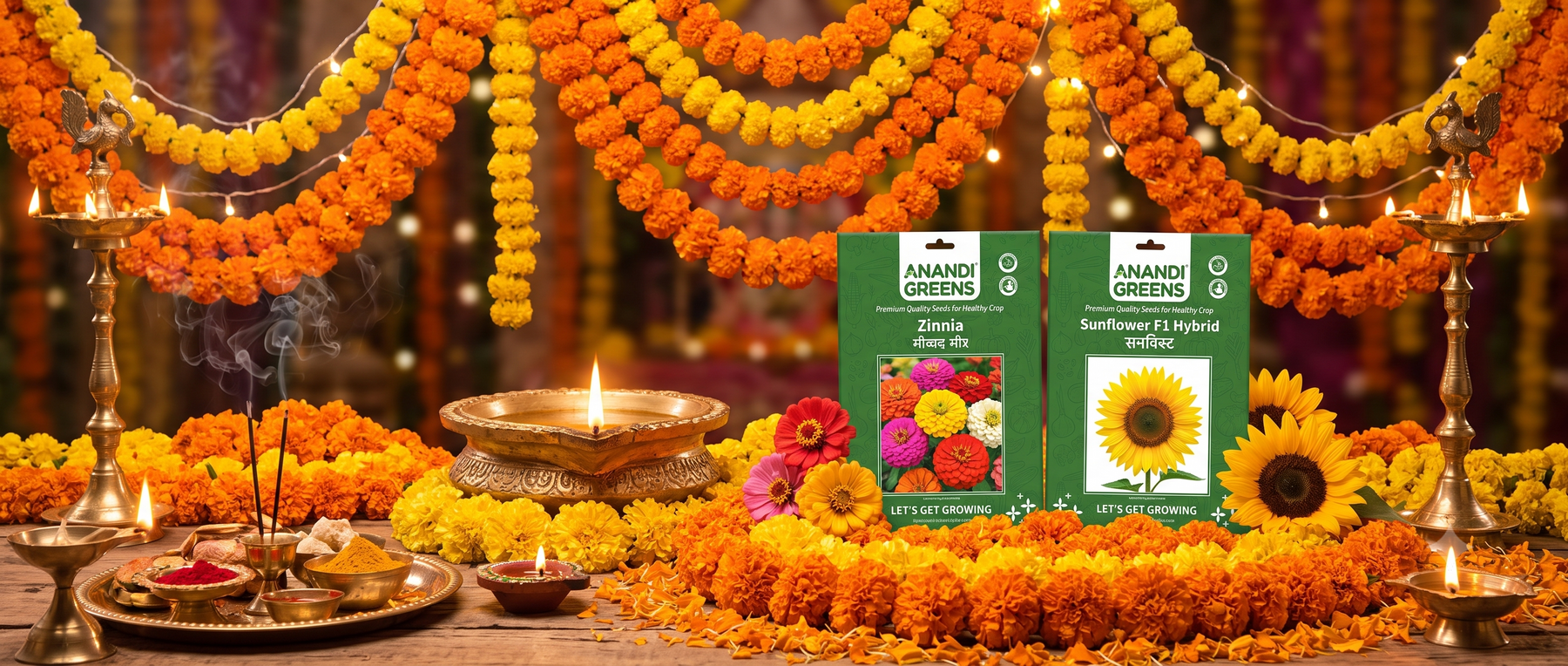 Bright marigold garlands and fresh flowers arranged for a festival celebration, grown at home from marigold seeds