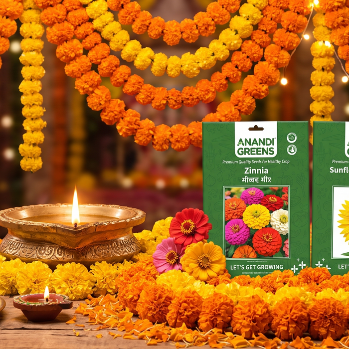 Bright marigold garlands and fresh flowers arranged for a festival celebration, grown at home from marigold seeds
