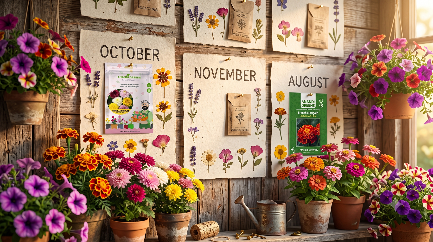 A wall calendar surrounded by blooming marigold, zinnia, and petunia flowers representing a year-round flower sowing schedule