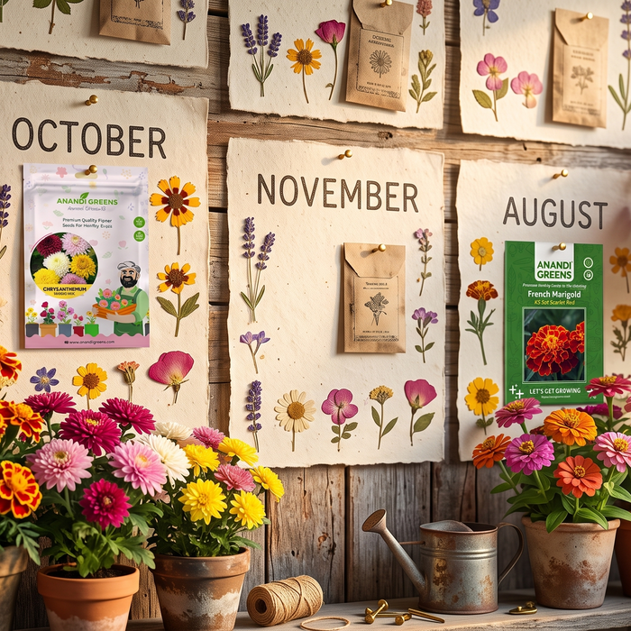 A wall calendar surrounded by blooming marigold, zinnia, and petunia flowers representing a year-round flower sowing schedule