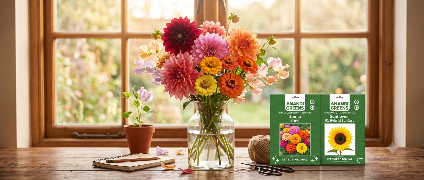 A freshly cut bouquet of homegrown zinnia, dahlia, and sweet pea flowers arranged in a glass vase