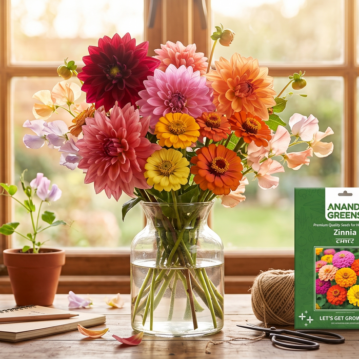 A freshly cut bouquet of homegrown zinnia, dahlia, and sweet pea flowers arranged in a glass vase