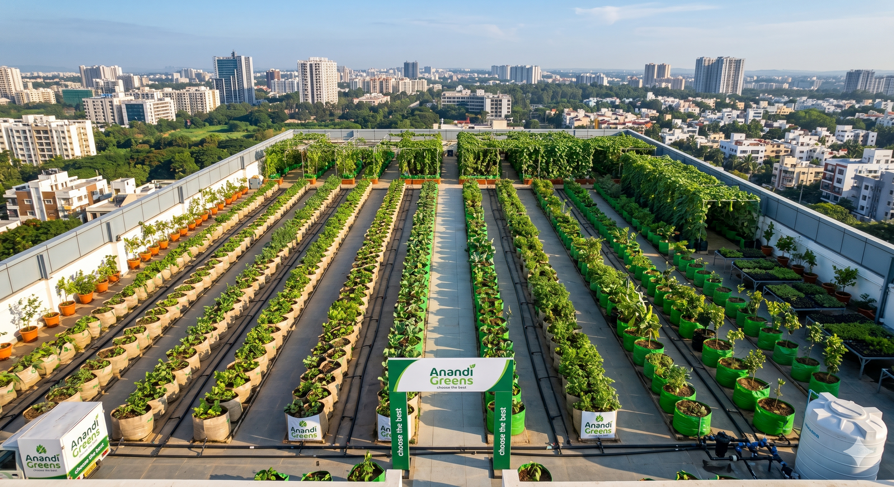 Terrace farm India — bulk grow bag setup with drip irrigation and trellis for commercial urban farming from Anandi Greens