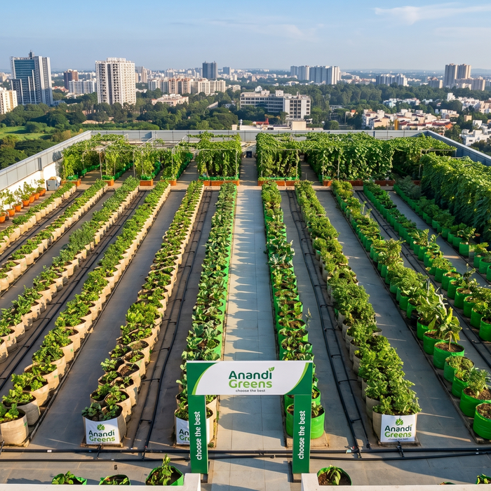 Terrace farm India — bulk grow bag setup with drip irrigation and trellis for commercial urban farming from Anandi Greens