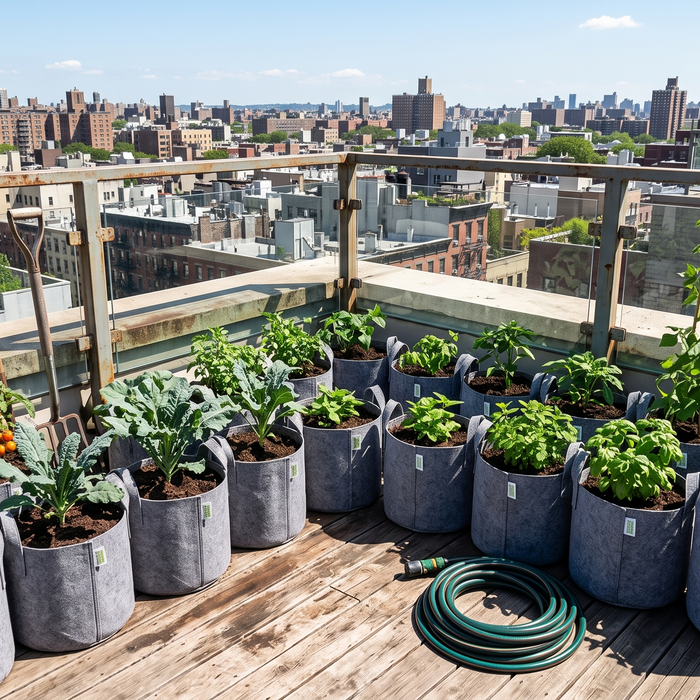 Larger gardening tools including a spade, watering hose and garden fork arranged near rows of grow bags on a terrace