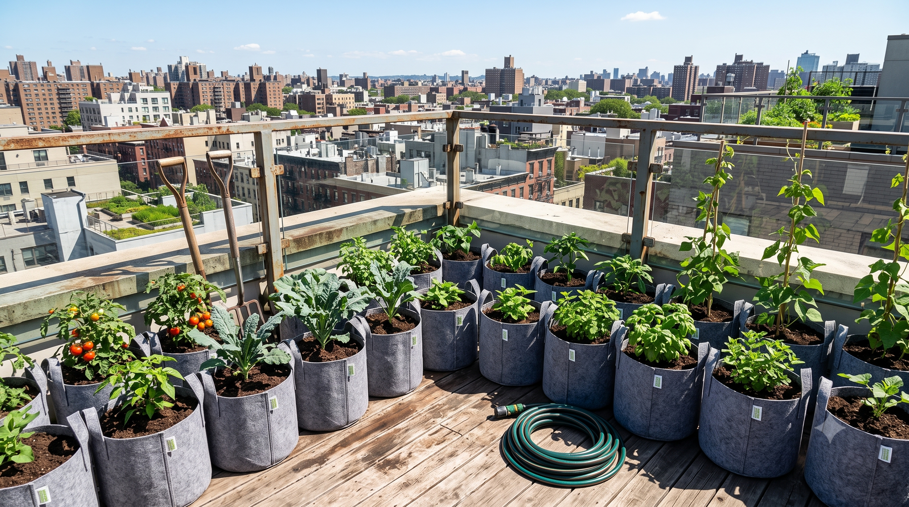 Larger gardening tools including a spade, watering hose and garden fork arranged near rows of grow bags on a terrace