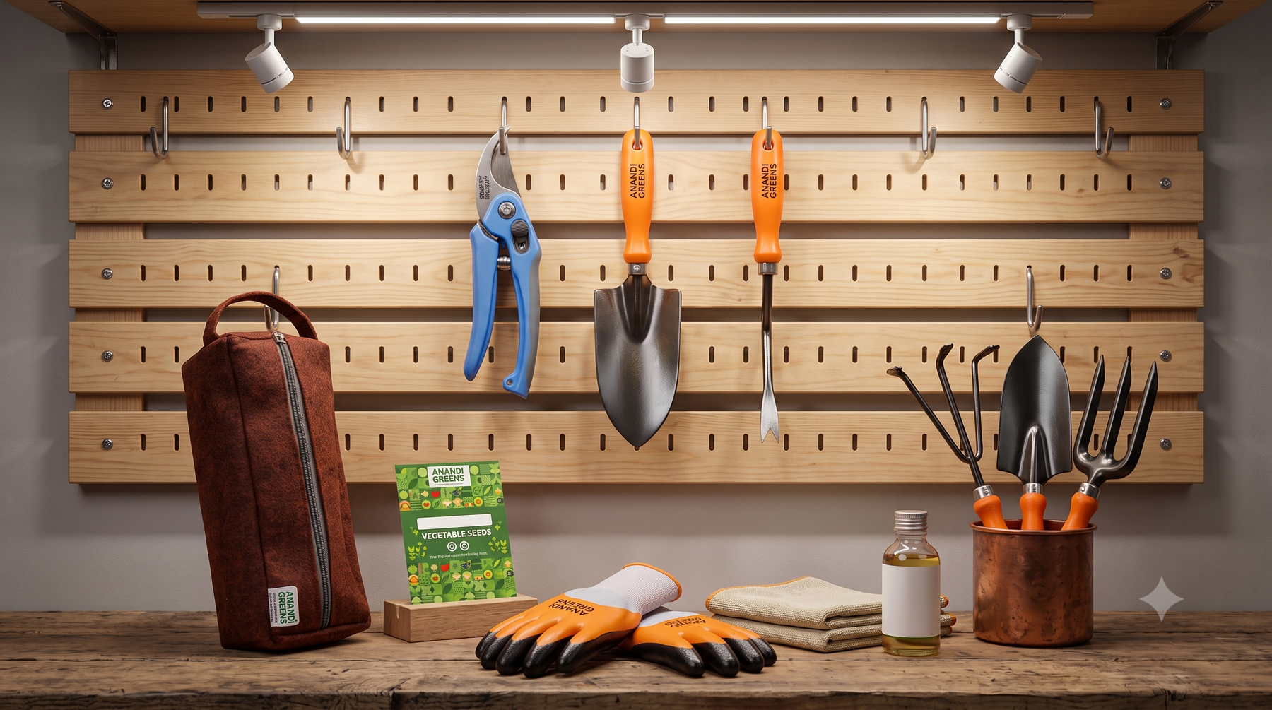 Clean, well-maintained gardening tools including trowel and pruning shears hanging on a wall storage rack