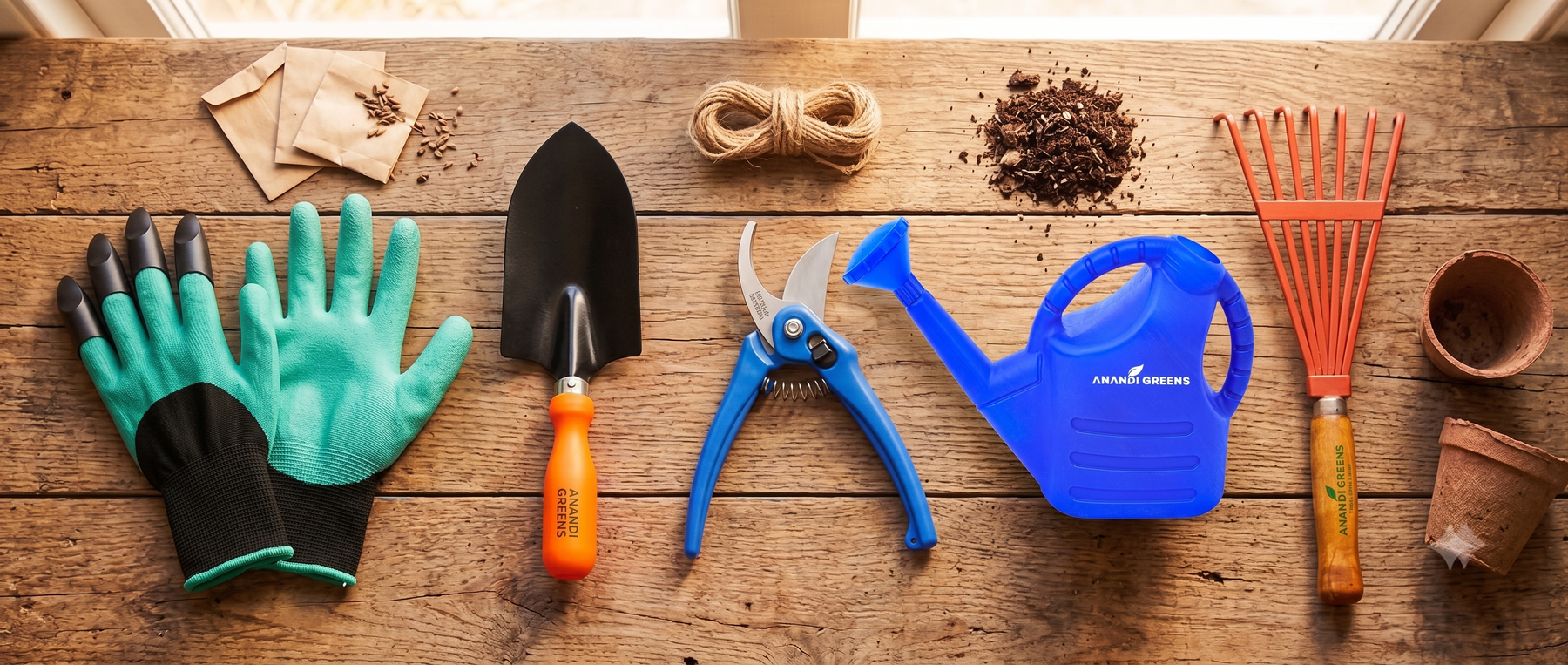 Assorted gardening tools including trowel, pruners, gloves and watering can laid out on a wooden table for balcony and terrace gardens