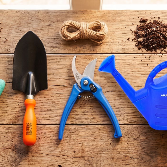 Assorted gardening tools including trowel, pruners, gloves and watering can laid out on a wooden table for balcony and terrace gardens