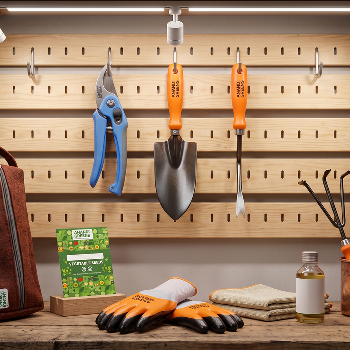 Clean, well-maintained gardening tools including trowel and pruning shears hanging on a wall storage rack