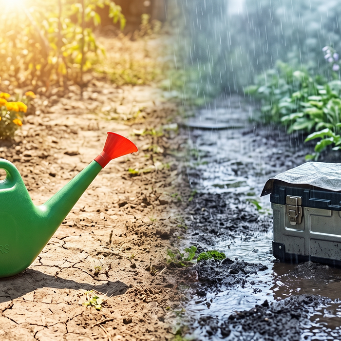 Gardening tools including watering can and rust-resistant pruners arranged for seasonal use in an Indian garden