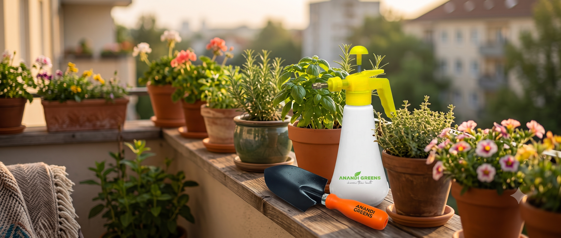 Small hand trowel, mini pruning shears and a compact watering can arranged next to potted plants on an apartment balcony