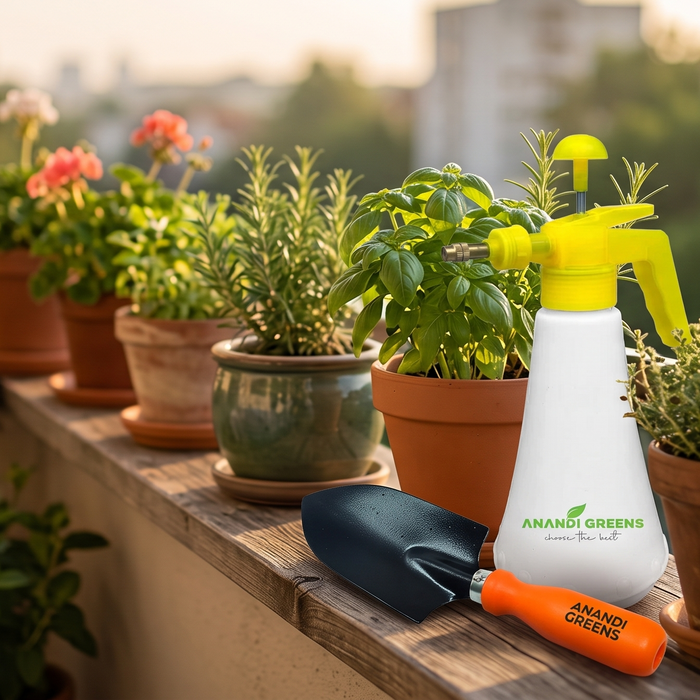 Small hand trowel, mini pruning shears and a compact watering can arranged next to potted plants on an apartment balcony