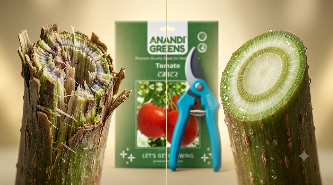 A damaged plant stem with a ragged cut shown beside a healthy clean cut made with sharp pruning shears