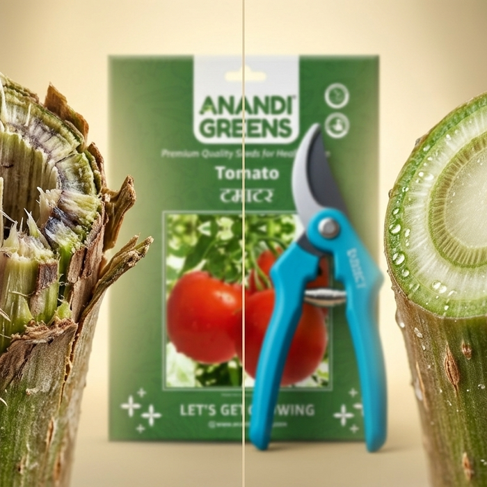 A damaged plant stem with a ragged cut shown beside a healthy clean cut made with sharp pruning shears