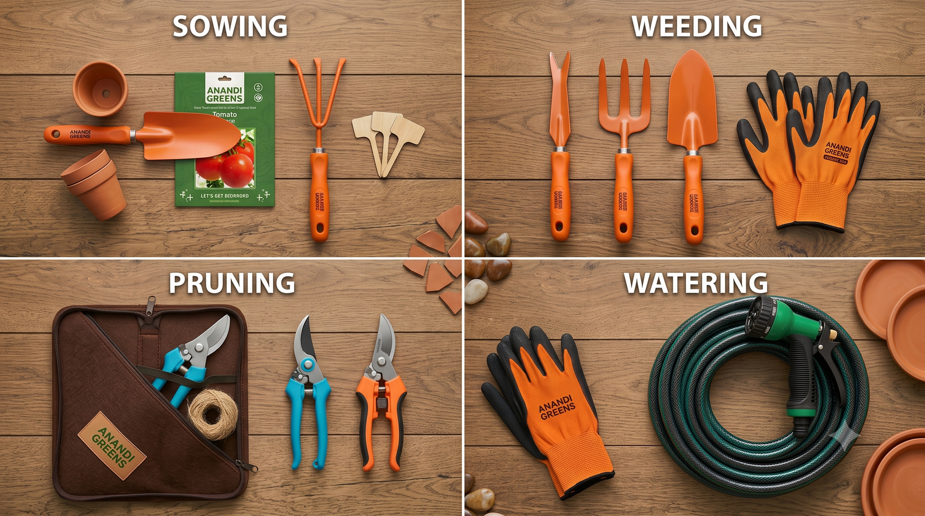 Gardening tools organized into four labeled groups for sowing, weeding, pruning, and watering tasks