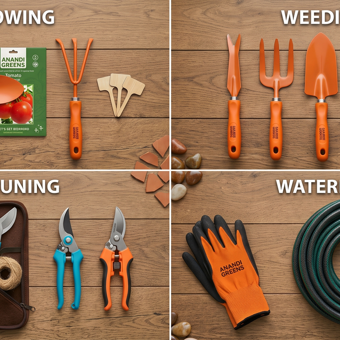 Gardening tools organized into four labeled groups for sowing, weeding, pruning, and watering tasks