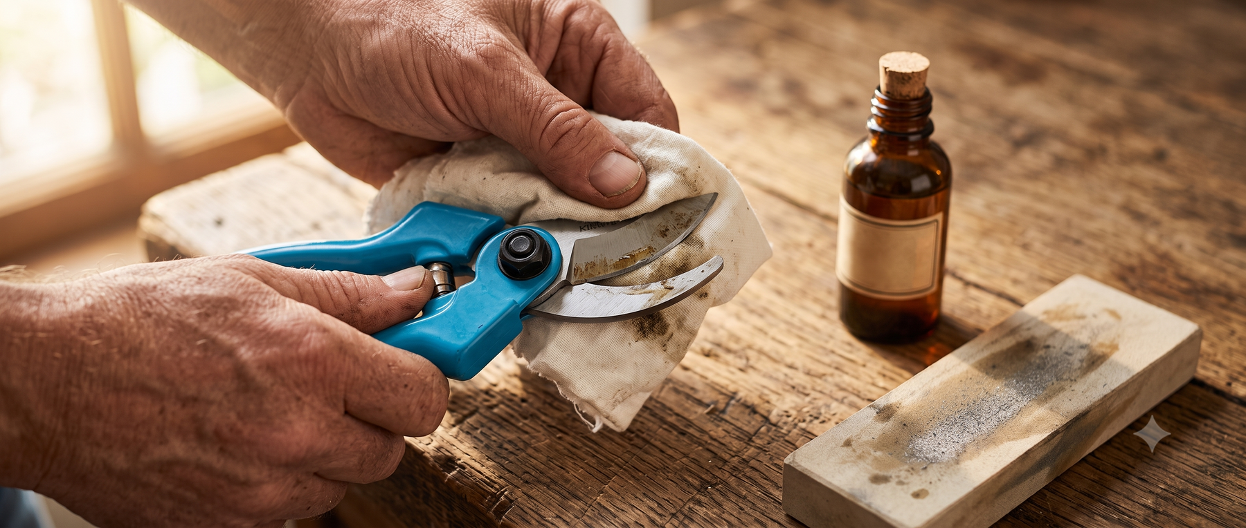Clean garden pruning shears being wiped down with a cloth beside a small bottle of oil and a sharpening stone
