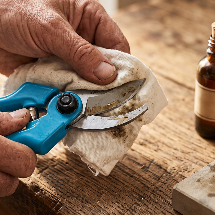 Clean garden pruning shears being wiped down with a cloth beside a small bottle of oil and a sharpening stone